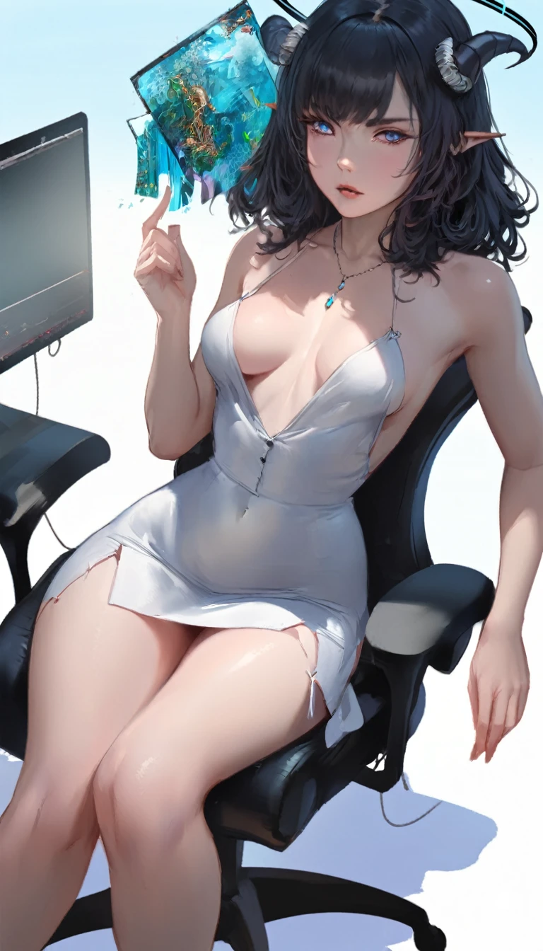 best quality,4k,8k,highres,masterpiece:1.2),ultra-detailed, extremely detailed eyes, extremely detailed body, (large masterpiece digital art), (detailed manga illustration), (detailed line art), ((perfect anatomy)), (intricate details:1.3), (ultra-detailed:1.3), (illustration:1.3), (sharp focus:1.3), (natural lighting:1.05), (vivid colors:1.3), (masterpiece), (best quality:1.4), (perfect anatomy:1.4), high quality, expressive eyes, full body, detailed face, beautiful face, perfect face, 1 girl, medium breasts, black hair, curly hair, wild hair, detailed hair, white dress shirt, black pants, pale skin, sapphire-blue eyes, demon, blue halo, sheep horns, curled horns, (horizontal pupils), sexy face, pointy ears, splash art, the demon girl, curvy, sitting in an office chair at a desk with feet on desk, black high heels, cinematic lighting, dramatic atmosphere, Atey Ghailan, Jeremy Mann, Greg Manchess, Antonio Moro, trend in ArtStation, trend in CGSociety, Intricate, High Detail, Sharp focus, dramatic and photorealistic painting art by Midjourney and Greg Rutkowski, Jeff Bridges, ((cartoon style)), Marvel Cinematic Universe style