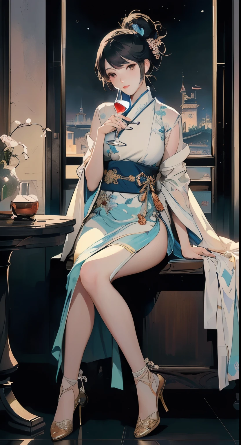 Cartoon woman sitting on the table，Holding a glass of wine, Artwork in the style of Guweiz, Alphonse Mucha and Ross Draf, palace ， Girl wearing Hanfu, guweiz on pixiv artstation, guweiz on artstation pixiv, Beautiful and charming anime woman, Popular on cgstation, Extremely detailed Artgerm