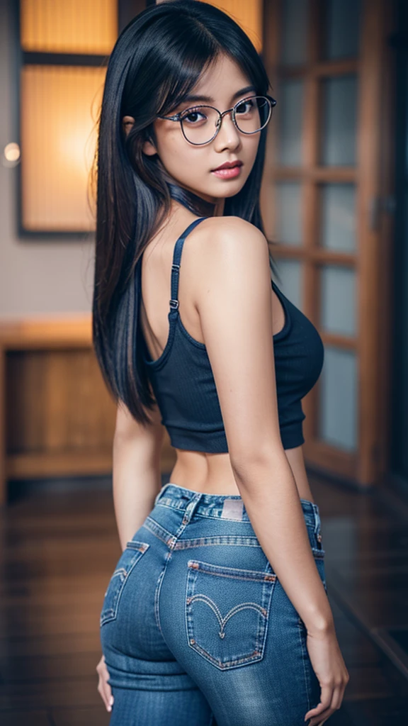 a cute young asian girl with dark skin, glasses, beautiful detailed eyes, beautiful detailed lips, extremely detailed face, long eyelashes, tight blue jeans, tight crop top, mid sized butt, high heels, looking at camera, detailed background, cinematic lighting, warm colors, photorealistic, 8k, high quality, digital art
