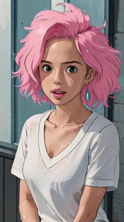 1girl, detailed face, afro hair, dark skin, looking at viewer, vibrant colorful, short sleeve t-shirt, pink hair, earring, white shirt, open mouth, deep v-neck, cleavage emphasis, focus on breasts, dripping on breasts, sweating, (:P:1.2), (full body:0.8), (12yo, cute:1.3), (breasts:1.2),