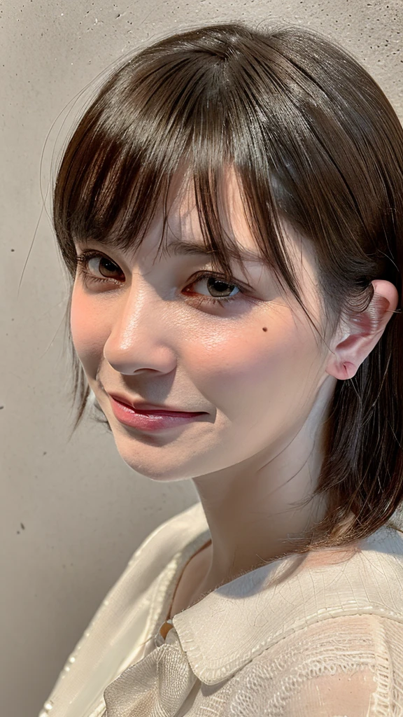 Top quality, Masterpiece, Ultra-high resolution, (Realistic, : 1.4), Original photo, (True skin texture: 1.3), (filmgrain: 1.3), in a panoramic view, Portrait, Very wide lens, Narrow waist, cowboy lens, (bangs, Inconspicuous, Cold light,) Night, Close-up, Tears, Short hair, neck long, ears sticking out, bangs, Big eyes, Brightly Colored Eyes, In the house, Dust, Tindall effect, (Facial expression), Sitting, (hitting a wall), Crying, Frowning, (Looking down), Nervousness, Tears, smiling happily
one girl, eyes and face with beautiful details, White jabot, pink dark V, Brown eyes,