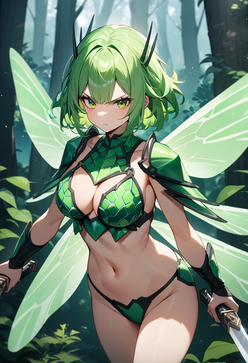 1girl, dual wielding blades, dragonfly wings, serious, green  armor, natural , light-green hair, spiky hair, short hair, lush forest, masterpiece quality, ultra HD, 4K, best quality, 