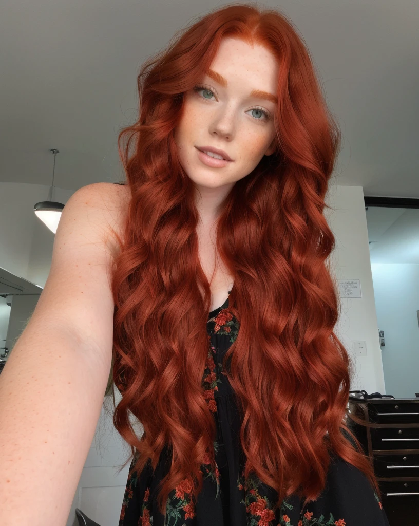 there is a woman with long red hair posing for a picture, long curl red hair, ginger wavy hair, red long wavy hair, wavy big red hair, long wavy red hair, long loose red hair, very long wavy fiery red hair, long glowing red hair, with curly red hair, long flowing red hair, curly copper colored hair, red curled hair