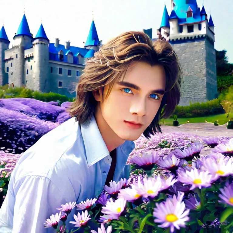handsome man, blue eyes, blue castle, aster purple flower