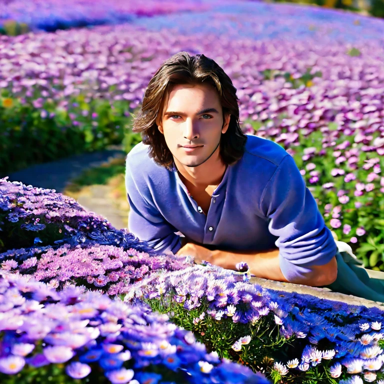 handsome man, blue eyes, blue castle, aster purple flower
