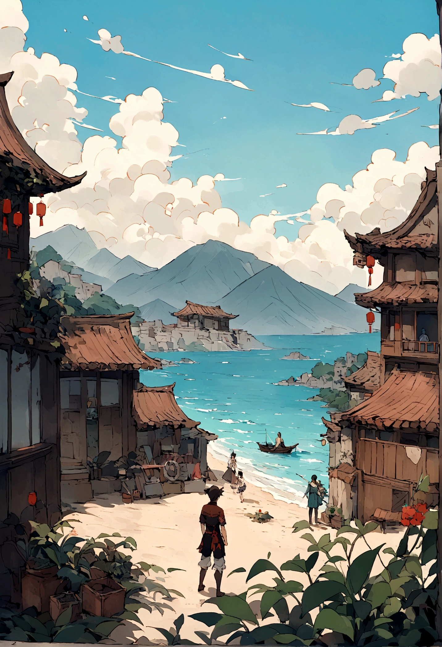 A young teenager，((Shabby laundry))，((Young male))，Standing on the beach，The background is a small fishing village（Old small fishing boat），Dilapidated building，Back to the audience，Looking at the sea and mountains in the distance，((Chinese style，Immortal World，Xianxia World))