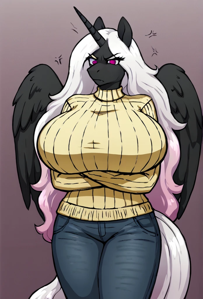  Alicorn , white mane, ,black fur color  long flowing  mane pink  eyes anthro  sweater ,jeans ,mad look,crossed arms  angry look