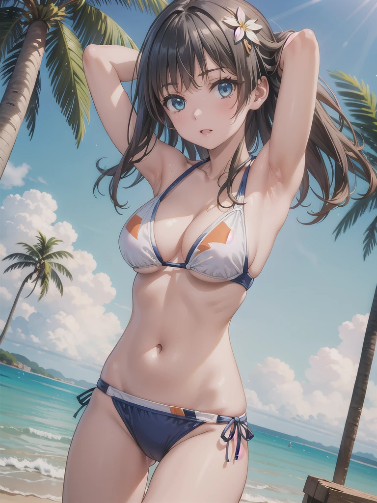 Okay, Saten Ruiko, Black Hair, blue eyes, Long Hair, ((hair ornaments)), Floral decoration,
((Sexy Swimwear:1.3)), 
((Beach, Palm tree:1.3)),  ((Arms above head:1.3) ,looking at viewer, (Cowboy Shot:1.5), ((Dutch Angle:1.3)), break (masterpiece:1.2), Highest quality, High resolution, unity 8k wallpaper, (figure:0.8), (Beautiful fine details:1.6), Highly detailed face, Perfect lighting, Highly detailed CG, (Perfect hands, Perfect Anatomy:.3),