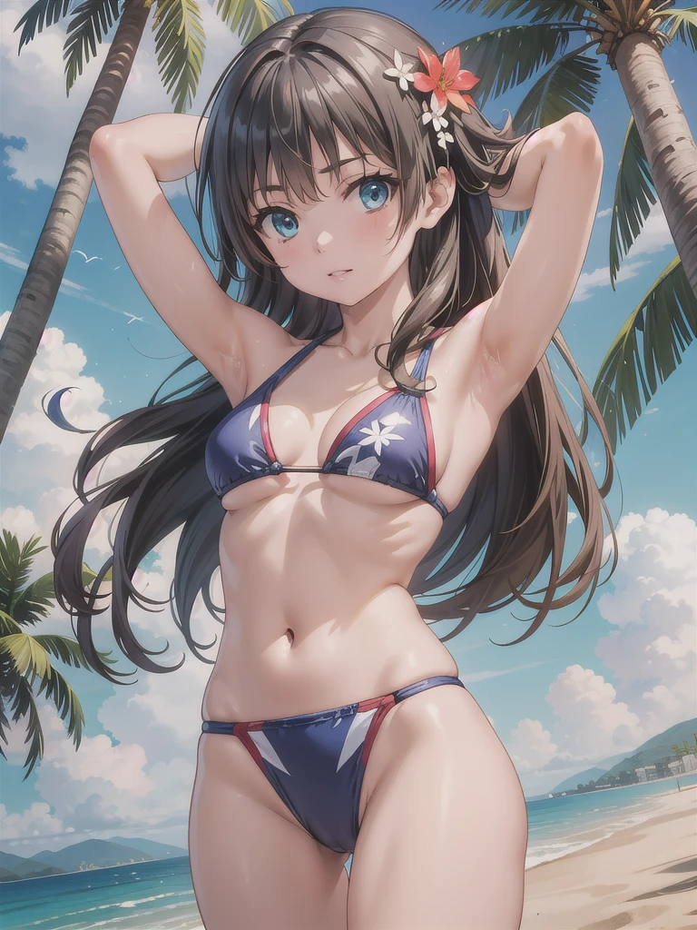 Okay, Saten Ruiko, Black Hair, blue eyes, Long Hair, ((hair ornaments)), Floral decoration,
((Sexy Swimwear:1.3)),
((Beach, Palm tree:1.3)), ((Arms above head:1.3) ,looking at viewer, (Cowboy Shot:1.5), ((Dutch Angle:1.3)), break (masterpiece:1.2), Highest quality, High resolution, unity 8k wallpaper, (figure:0.8), (Beautiful fine details:1.6), Highly detailed face, Perfect lighting, Highly detailed CG, (Perfect hands, Perfect Anatomy:.3),