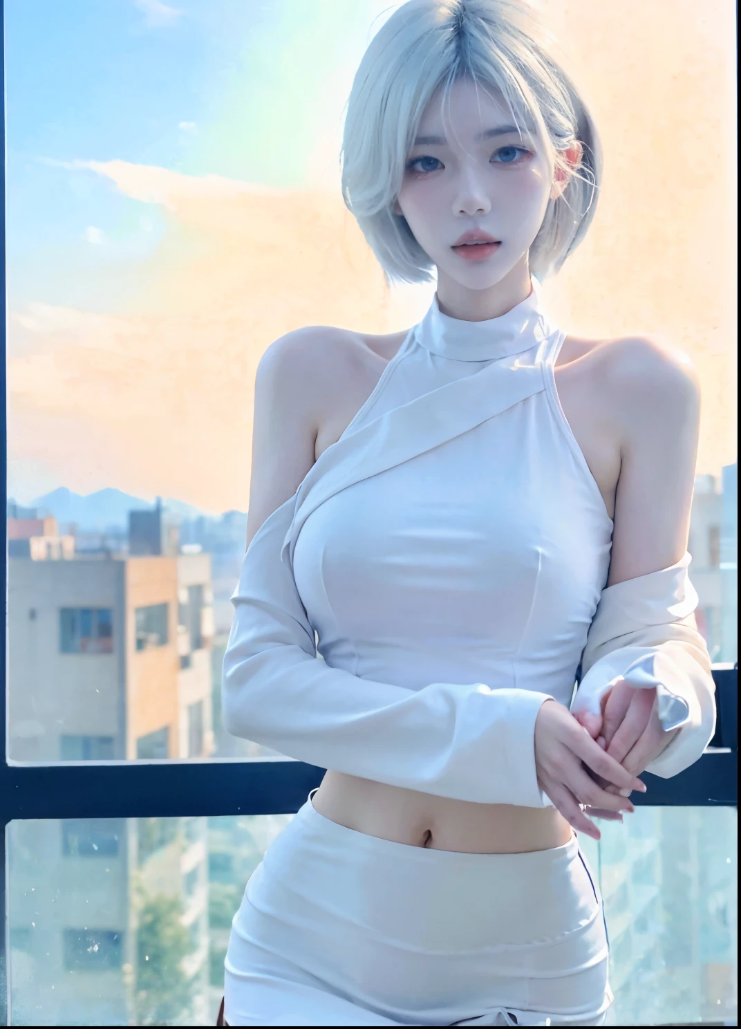 Beautiful woman with perfect figure:1.4，Ultra-high resolution，White background，（Realism:1.4)，Layered hairstyle，White skin，JK:1.5，Super short pleated skirt，whole body：1.4，Very delicate and skin texture，Double eyelids，Skin Whitening，short hair，White hair
