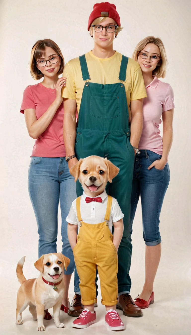A group of six cartoon characters standing together in a family portrait style. The group consists of:

A tall, large man with short brown hair, wearing glasses, a white button-down shirt, green pants, and brown shoes.
A medium-height woman with short red hair, large breast, hourglass figure, wearing a green blouse, tan pants, and black shoes.
A teenage boy with blonde hair wearing a yellow baseball cap, a blue t-shirt, black pants, and red shoes.
A teenage girl, medium breasts, hourglass figure, with short brown hair wearing glasses, a pink beanie, a pink shirt, and blue pants.
A white dog standing on its hind legs, holding a martini glass.
A baby with a round head, dressed in a yellow shirt and red overalls.
The background is plain white, keeping the focus on the characters. The characters exhibit a cheerful and friendly demeanor, with the parents and children standing close together, and the dog and baby in the front.