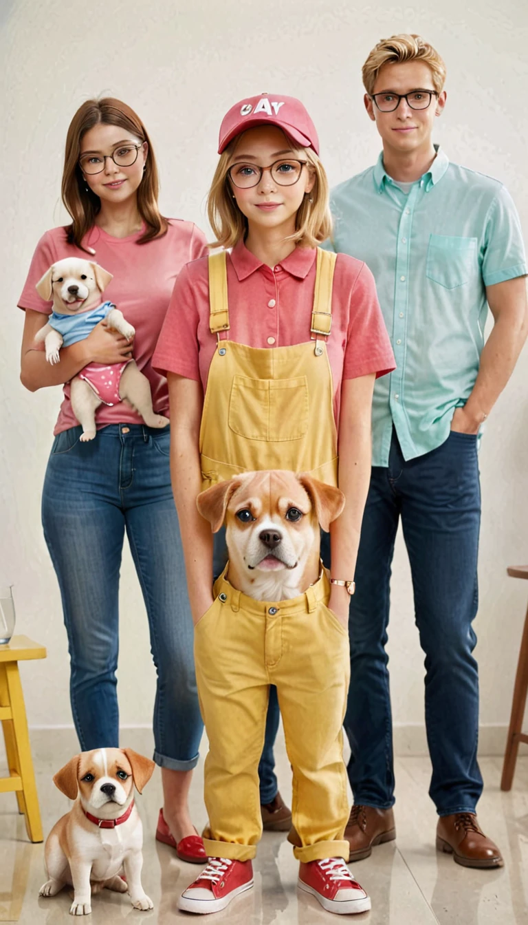 A group of six cartoon characters standing together in a family portrait style. The group consists of:
A tall, large man with short brown hair, wearing glasses, a white button-down shirt, green pants, and brown shoes.
A medium-height woman with short red hair, large breast, hourglass figure, wearing a green blouse, tan pants, and black shoes.
A age boy with blonde hair wearing a yellow baseball cap, a blue t-shirt, black pants, and red shoes.
A teengirl, medium breasts, hourglass figure, with short brown hair wearing glasses, a pink beanie, a pink shirt, and blue pants.
A white dog standing on its hind legs, holding a martini glass.
A baby with a round head, dressed in a yellow shirt and red overalls.
The background is plain white, keeping the focus on the characters. The characters exhibit a cheerful and friendly demeanor, with the parents and children standing close together, and the dog and baby in the front.