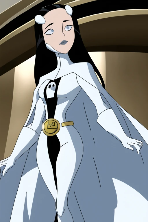 Phantom girl, long black hair, white hair ornament, grey lips, sanpaku, belt, white cape, white gloves, best quality, masterpiece