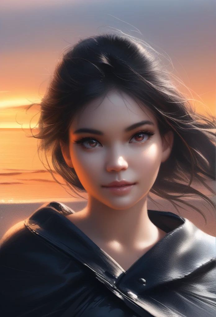 1girl, solo, wlop, black hair, gradient eyes, black cloak, seductive smile, beach, sunset, (best quality,4k,8k,highres,masterpiece:1.2),ultra-detailed,(realistic,photorealistic,photo-realistic:1.37),HDR,UHD,studio lighting,ultra-fine painting,sharp focus,physically-based rendering,extreme detail description,professional,vivid colors,bokeh,portraits