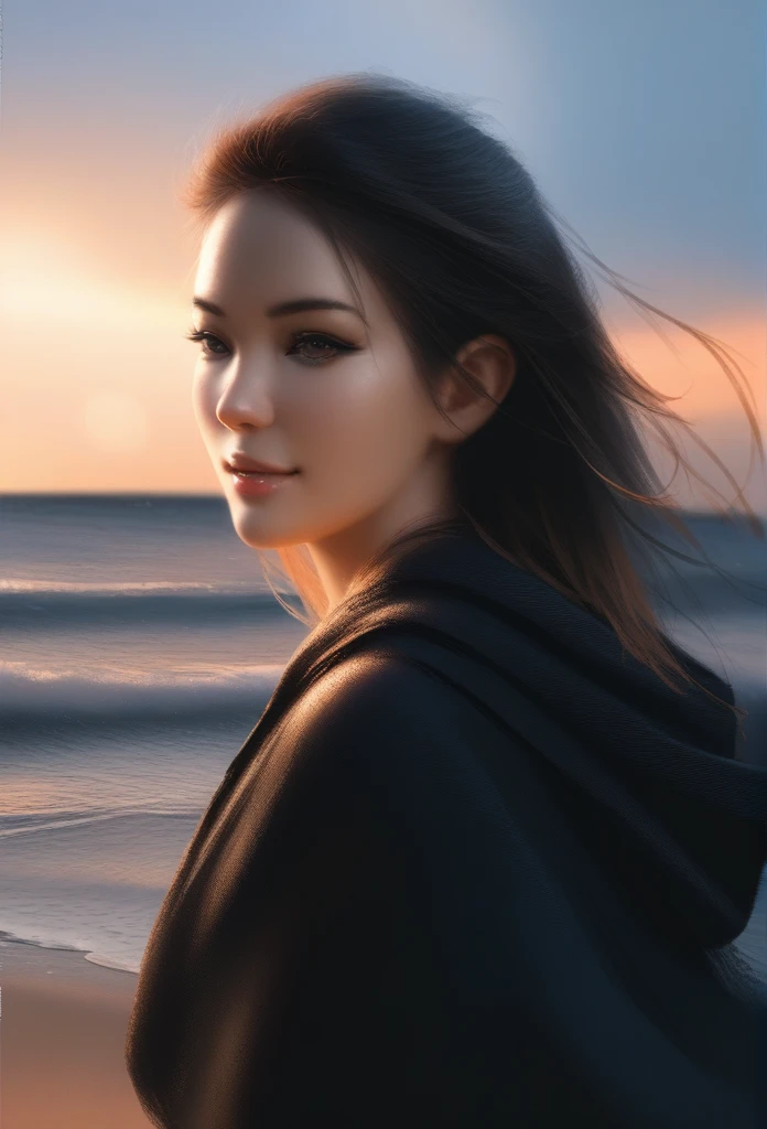 1girl, solo, wlop, black hair, gradient eyes, black cloak, seductive smile, beach, sunset, (best quality,4k,8k,highres,masterpiece:1.2),ultra-detailed,(realistic,photorealistic,photo-realistic:1.37),HDR,UHD,studio lighting,ultra-fine painting,sharp focus,physically-based rendering,extreme detail description,professional,vivid colors,bokeh,portraits