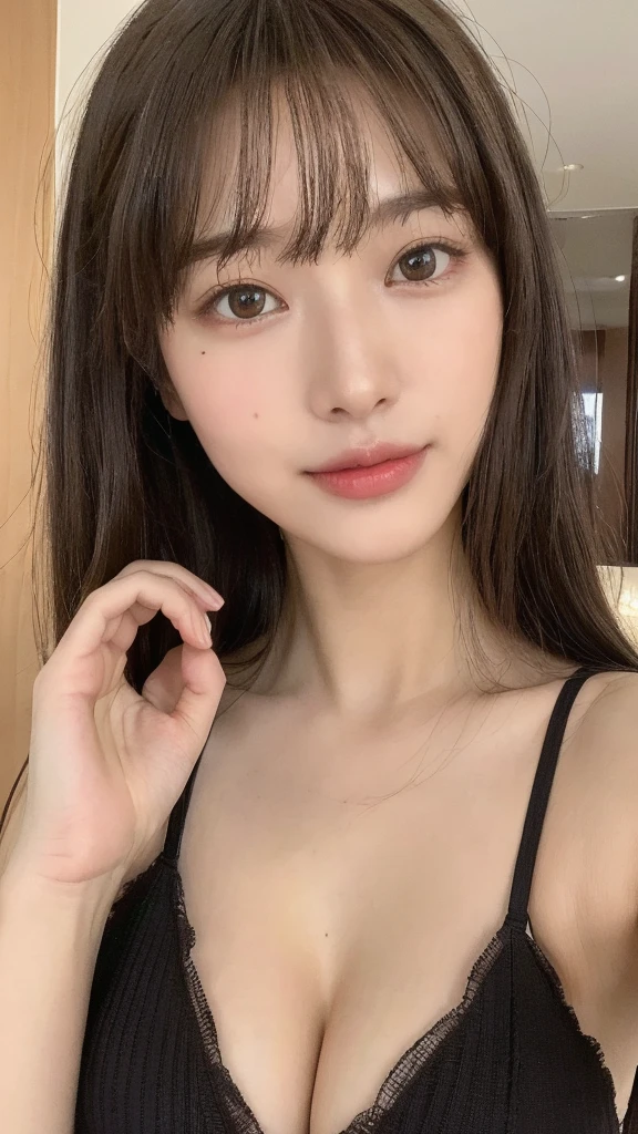 （(8K, RAW Photos, Highest quality, masterpiece: 1.2)）, Super detailed, Super Resolution, (Genuine, Genuine photos: 1.37), whole body, High-resolution RAW color photos, Professional photos, とても細かくて美Shii, Very detailed, 8K 壁紙, Amazing details, Large file size, Official Art, Very detailed CG Unity 8K 壁紙, Very detailed beautiful girls, Very detailed facesHighly detailed eyes, Very detailed skin, Very detailed fingers, Very detailed nose, Very detailed mouth, Perfect , Very detailed background, Very detailed clothing, One Girl, (18:1.2), Teen, cute girl, Famous Japanese Idols, cute, Genuineistic body, White skin, Glowing Skin, The body is slim, Handsome body, Brown Hair, Curly Hair, (Blunt bangs: 1.2) , smile, like々Shii, かわいらShii顔, Genuineistic face, Sharp focus :1.2, 完璧な体型の美Shii女性 :1.4, Slim Abs :1.2, ((Dark brown hair, Big Breasts :1.2)), Body Dress :1.1, (Clear sky, Resort Hotel Beds :1.1), Sexy black ,  cleavage