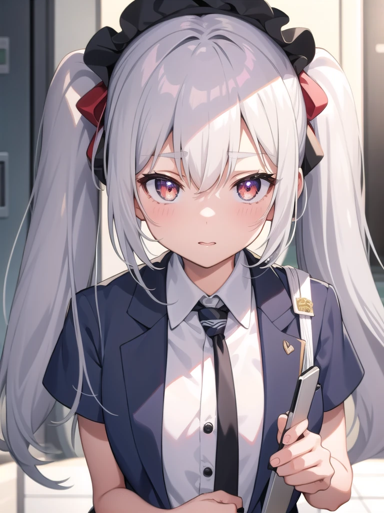 1girl, anime girl, silver hair, long twintails, silver eyes, school suit, anime screencap