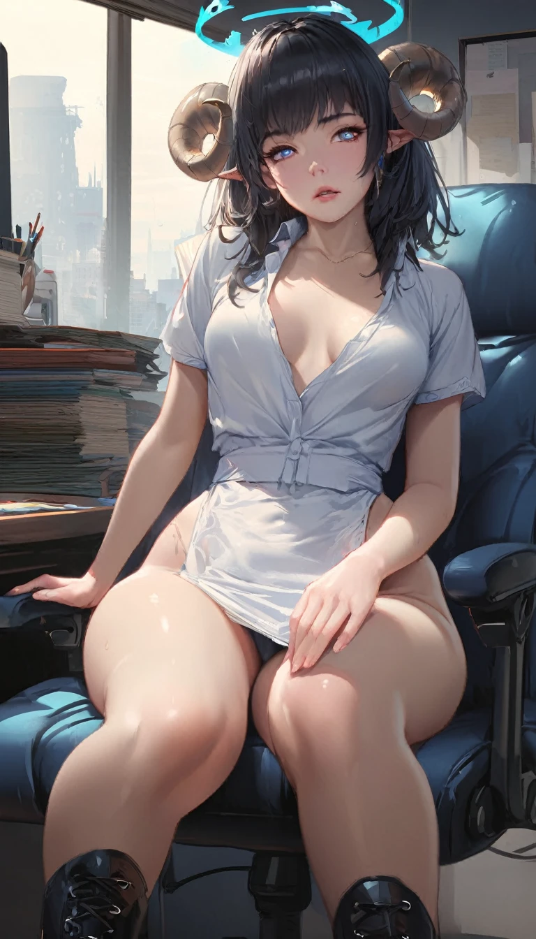 best quality,4k,8k,highres,masterpiece:1.2),ultra-detailed, extremely detailed eyes, extremely detailed body, (large masterpiece digital art), (detailed manga illustration), (detailed line art), ((perfect anatomy)), (intricate details:1.3), (ultra-detailed:1.3), (illustration:1.3), (sharp focus:1.3), (natural lighting:1.05), (vivid colors:1.3), (masterpiece), (best quality:1.4), (perfect anatomy:1.4), high quality, expressive eyes, full body, detailed face, beautiful face, perfect face, 1 girl, medium breasts, black hair, curly hair, wild hair, detailed hair, white dress shirt, black pants, pale skin, sapphire-blue eyes, demon, blue halo, sheep horns, curled horns, (horizontal pupils), sexy face, pointy ears, splash art, the demon girl, curvy, sitting in an office chair at a desk with feet on desk, black high heels, cinematic lighting, dramatic atmosphere, Atey Ghailan, Jeremy Mann, Greg Manchess, Antonio Moro, trend in ArtStation, trend in CGSociety, Intricate, High Detail, Sharp focus, dramatic and photorealistic painting art by Midjourney and Greg Rutkowski, Jeff Bridges, ((cartoon style)), Marvel Cinematic Universe style