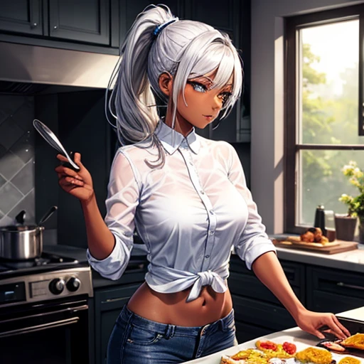 A dark-skinned woman with silver hair in a ponytail is making an omelet rice., Wearing a black dress shirt and slim jeans, Showing your belly button