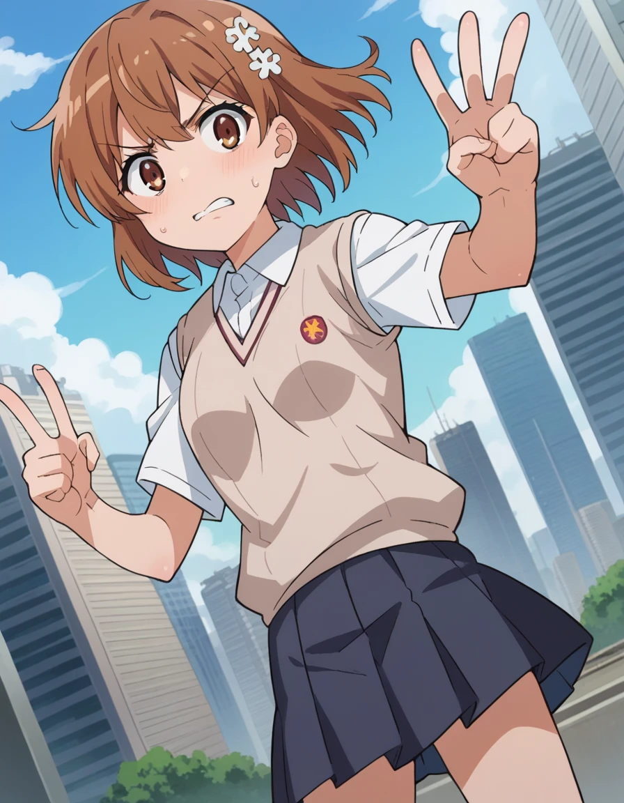 score_9, score_8_superior, score_7_superior, sauce_anime,
Mitocho Misaka, ミコトがsuperiorがった, short hair, Brown Hair, hair ornaments, Hair Flowers, Brown eyes, anger, angerの脈,
skirt, shirt, , white shirt, Short sleeve, pleated skirt, grey skirt, Sweater vest, tokiwadai , V-neck,
Outdoor, Cityscape,
View your viewers, Cowboy Shot, Dutch Angle,