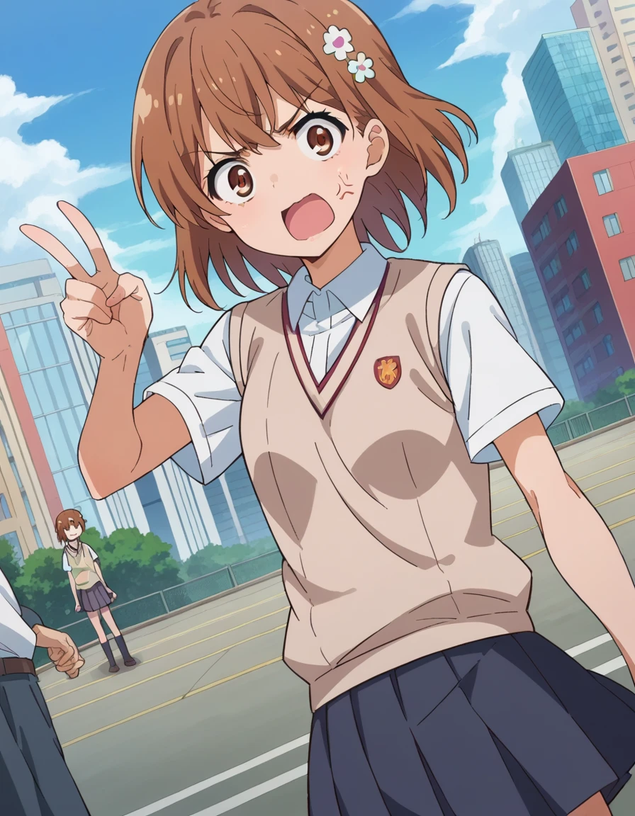 score_9, score_8_superior, score_7_superior, sauce_anime,
Mitocho Misaka, ミコトがsuperiorがった, short hair, Brown Hair, hair ornaments, Hair Flowers, Brown eyes, anger, angerの脈,
skirt, shirt, , white shirt, Short sleeve, pleated skirt, grey skirt, Sweater vest, tokiwadai , V-neck,
Outdoor, Cityscape,
View your viewers, Cowboy Shot, Dutch Angle,