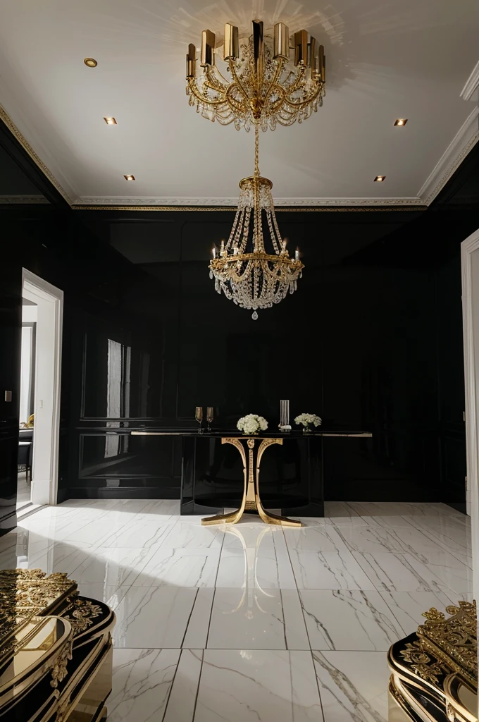 beautiful modern large luxurious house interior decor in black white gold colors with decor flowers and sunlight