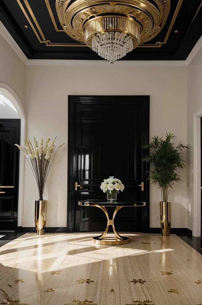 beautiful modern large luxurious house interior decor in black white gold colors with decor flowers and sunlight 