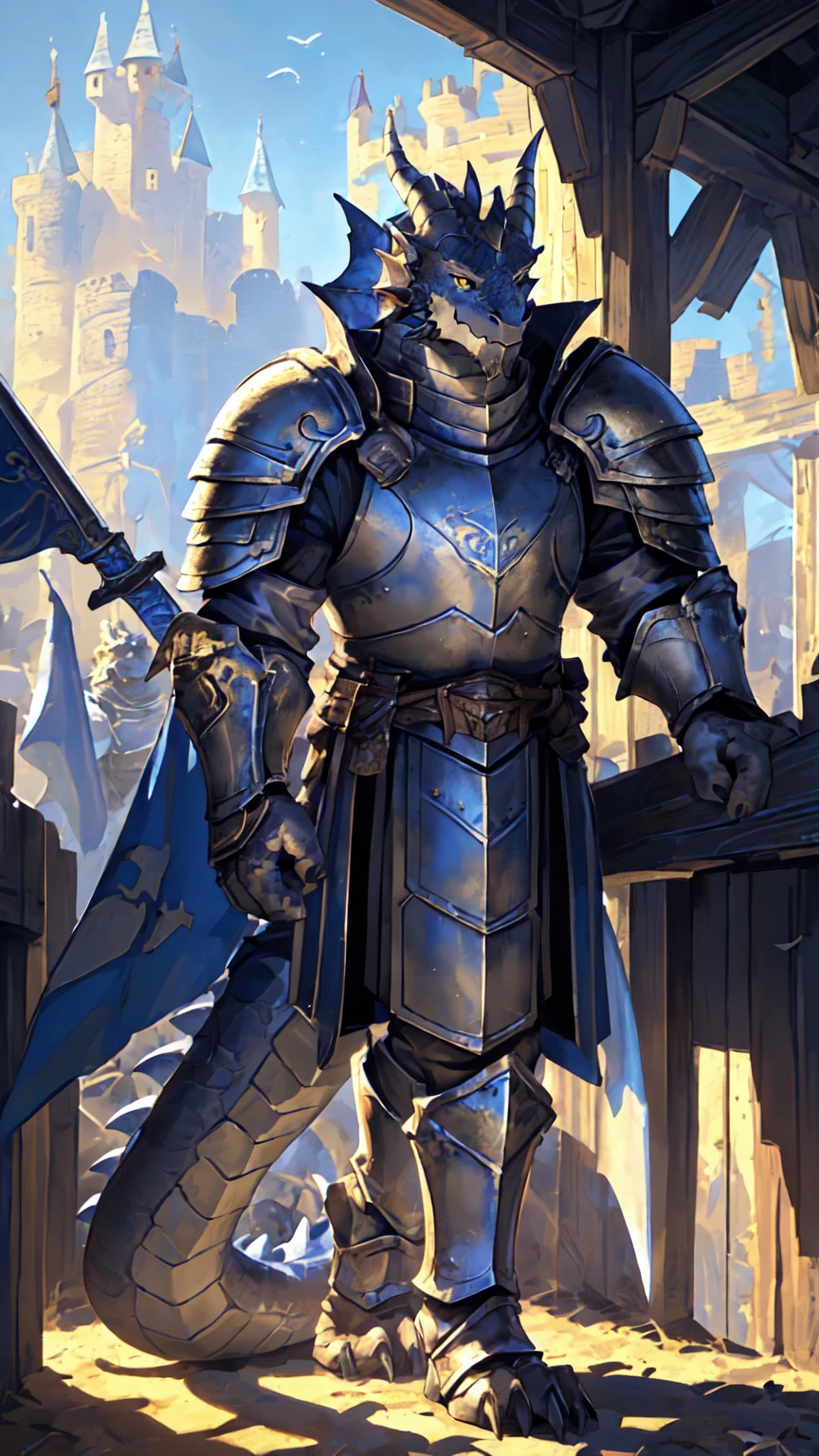 ((middle Ages:1.6,Castle Background:1.4)),((Cruz:1.6)),Sunlight,high resolution,4K,gay,(((whole body:1.1,sideways:1.3))),masterpiece,high quality,Calm and composed,((dragon)),male,dragonFurry,(ager:1.3),hairy,((stable,Handsome face:1.4)),((peaceful)),((Holding a long sword:1.3)),(((Strong:1.4,Long legs:1.3,Thick dragon tail:1.2))),(((Gray heads:1.2,Golden pupils:1.2,White Neck:1.3,Gray back of hands:1.4,White Skin:1.3))),(((White Armor:1.3,There is a blue flag on the armor:1.4))),Mature face,Exquisite eyes,Detailed body,Detailed hands,Detailed feet,Kenket's Art,Strike a pose:1.3