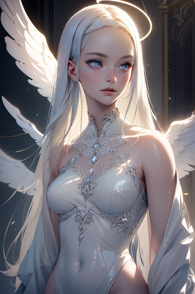 ((ultra quality)), ((realistic,digital art)), (hyper detailed) a beautiful angel woman with halo of light, nude, intricate detailed face, delicate facial features, porcelain skin, ethereal, serene expression, elegant pose, feathered wings, graceful, divine, shimmering light effects, cinematic lighting, chiaroscuro, dramatic shadows, muted color palette, romantic, dreamlike, mystical