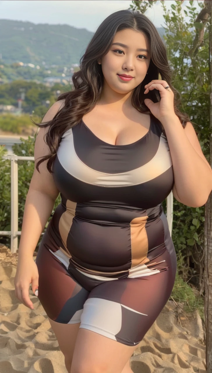 ((best quality)), ((masterpiece)), (detailed), perfect face, araffeTight skirtsShort , thicc, wavy short hair, she has a jiggly fat round belly, bbwchan, wearing tight simple clothes, skinny waist and thick , widest , her belly is fat and round, soft  shape, hyperrealistic full figure, wearing a cute top, wide , Blue ,On the beach by the seaBlue