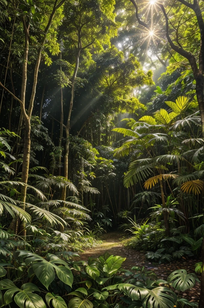 "A dense, vibrant jungle with a variety of trees, plants, and colorful birds and animals. Sunlight filters through the leaves, making the whole forest glow like gold