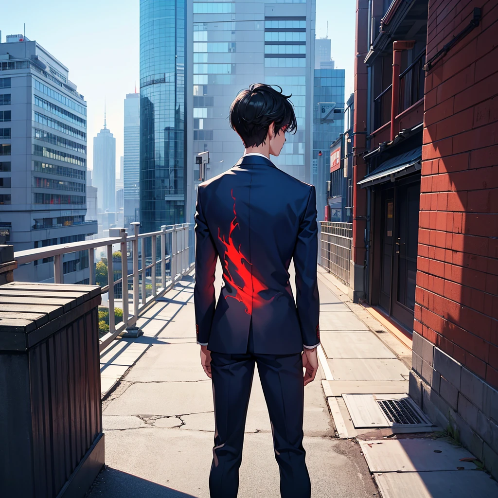 1boy, short black hair, red eyes, wearing all blue suits, on top of a building, high res, ultrasharp, 8k, masterpiece, looking at viewer from behind
