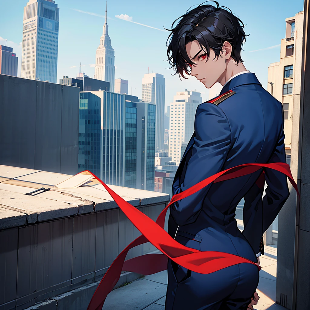 1boy, short black hair, red eyes, wearing all blue suits, on top of a building, high res, ultrasharp, 8k, masterpiece, looking at viewer from behind