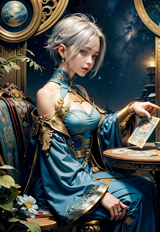 (Tabletop, Highest qualityの, Highest quality, Official Art, beautifully、aesthetic:1.2), (1 Girl), Very detailed,(Fractal Art:1.3),colorful,Best details, She has short silver hair and blue eyes.,Golden ratio composition, There are stars in the background, She is wearing a beautiful blue dress,Fortune telling using tarot cards