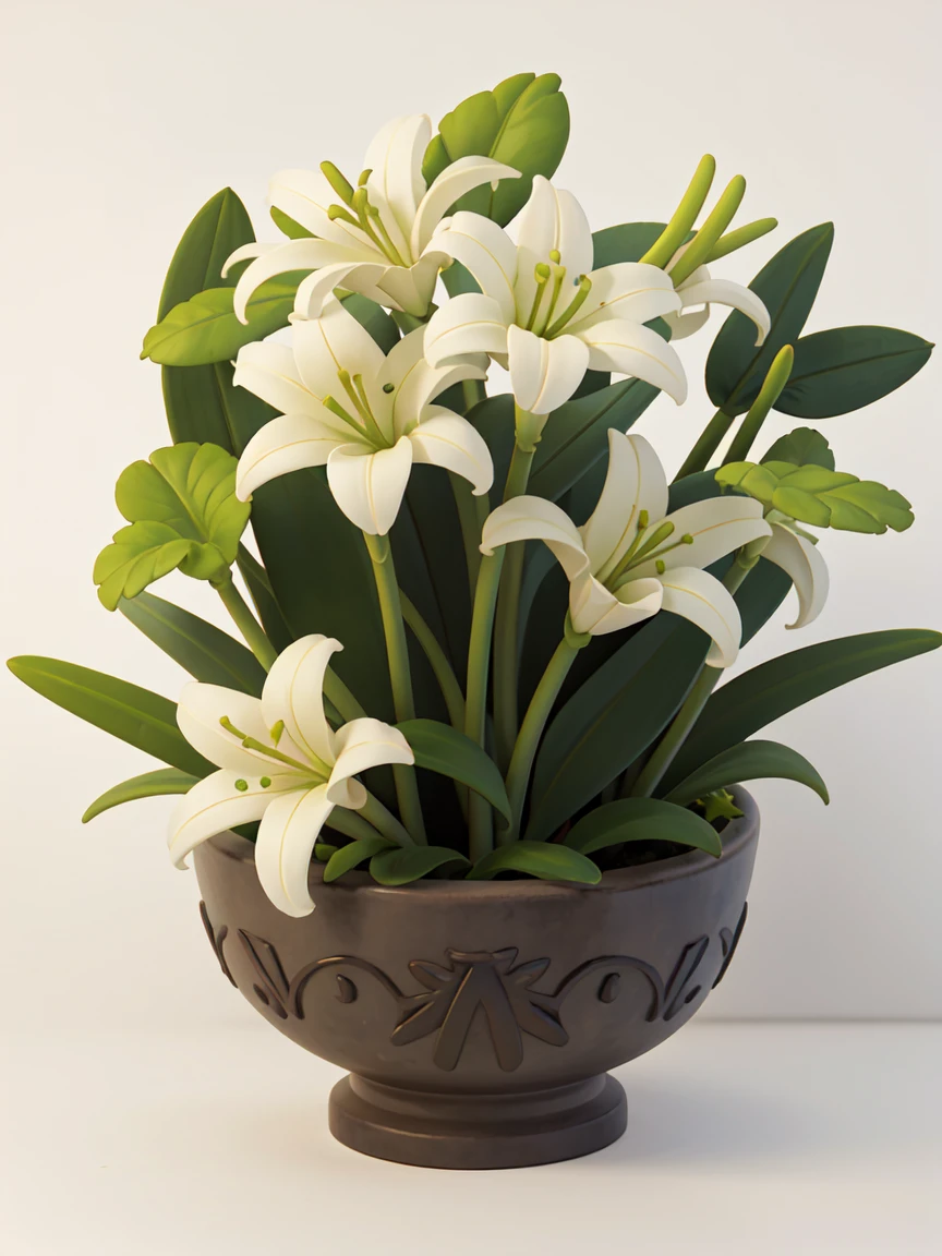 A bouquet of lilies，bright，Bright green，White background，Medium shot，Studio Gippley style，Miyazaki style，2.5D，Game texture，lifelike