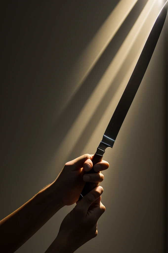 An arm holding a knife and reaching towards the light 