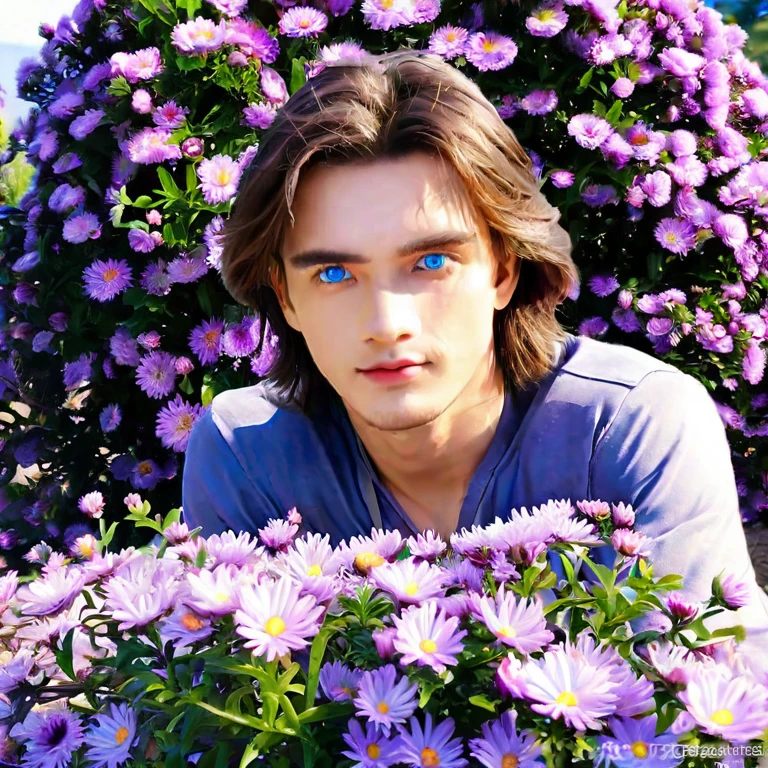 handsome man, blue eyes, blue castle, aster purple flower