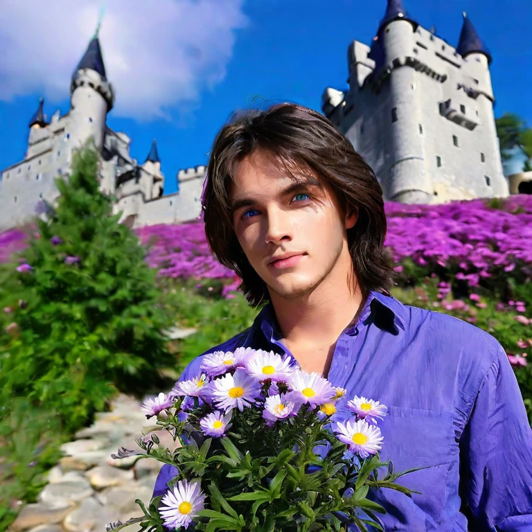 handsome man, blue eyes, blue castle, aster purple flower