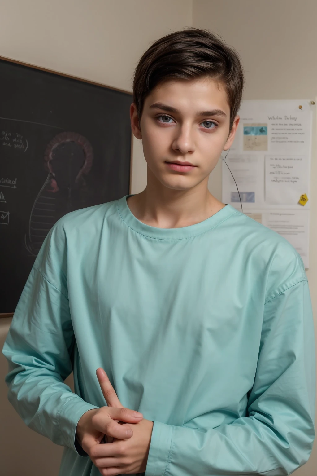 A young male twink, cute, beautiful, feminine, with a beautiful face with makeup, black hair, and his eyes have dark circles under them. He is wearing a long-sleeved aquamarine shirt and white jeans. He is in medical school, studying on a blackboard with brain anatomy written on it.