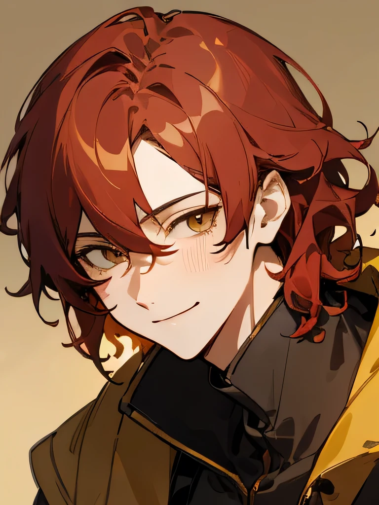 Man Messy red wavy short hair, stunning anime face portrait, looking to nothing, smile thinly, manly, bright warm GOLDEN YELLOW high detailed thin eyes, grayard grey background, high detailed shadow