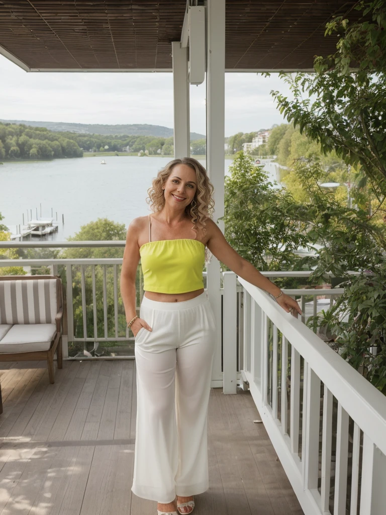 Dawn Zulueta, a solo photorealistic of Dawn Zulueta, Mature woman, (((45 years old woman))), (((Swedish brown eyes))), Swedish lips, Swedish high nose, (((with body and face wrinkle))), (((Swedish light blond long wavy curly blond hair))), (((On the veranda of a modern cafe overlooking a picturesque lake, she stands seductively, taking in the breathtaking view before her. The veranda is designed with contemporary elegance, featuring sleek metal railings and comfortable seating that allows patrons to relax and enjoy the scenery. Inside the cafe, large windows offer panoramic views of the lake, allowing natural light to flood the space and create an airy, open feel. The decor is minimalist and tasteful, with modern furnishings and perhaps some greenery to bring a touch of nature indoors.))), (((she is wearing a a bright yellow tube top paired with chic white see-through pants. The tube top is a bold statement piece, vibrant in color and flattering in its simplicity. It hugs the woman's upper body, accentuating her shoulders and neckline while adding a pop of cheerful color that catches the eye. Paired with the tube top, the white see-through pants add an element of sophistication and contrast. The pants are lightweight and airy, offering a peek at the silhouette underneath while maintaining a sense of elegance and modernity))), Let your face light up with a wide smile, crinkling your eyes at the corners and showing off your teeth. Radiate happiness and warmth., (((dynamic pose)))