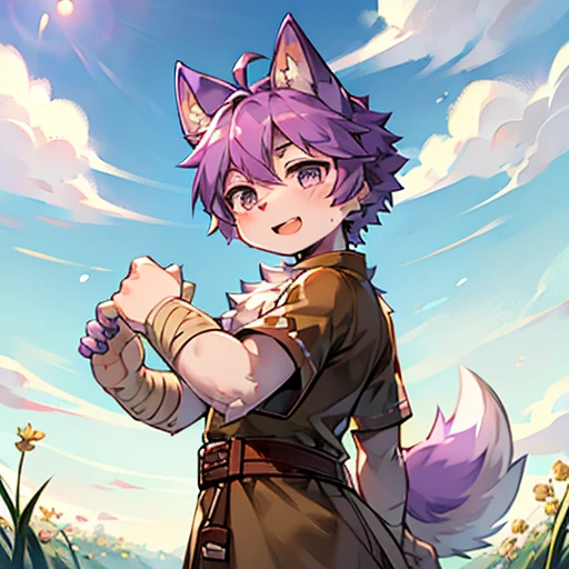field garden bandage short hair ahoge child furry wolf ears open mouth cloud sky sun in summer no spots cub purple hair everywhere purple fur wolf ears wolf type fluffy big tail masterpiece high quality portrait human cub beard lone child boy style full shot super cute face one person pupil is blue happy