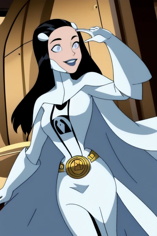 Phantom girl, long black hair, grey eyes, smile, white hair ornament, grey lips, sanpaku, belt, white cape, white gloves, best quality, masterpiece, cowboy shot