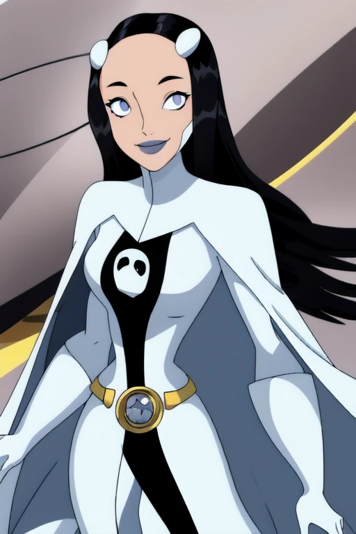 Phantom girl, long black hair, grey eyes, smile, white hair ornament, grey lips, sanpaku, belt, white cape, white gloves, best quality, masterpiece, cowboy shot