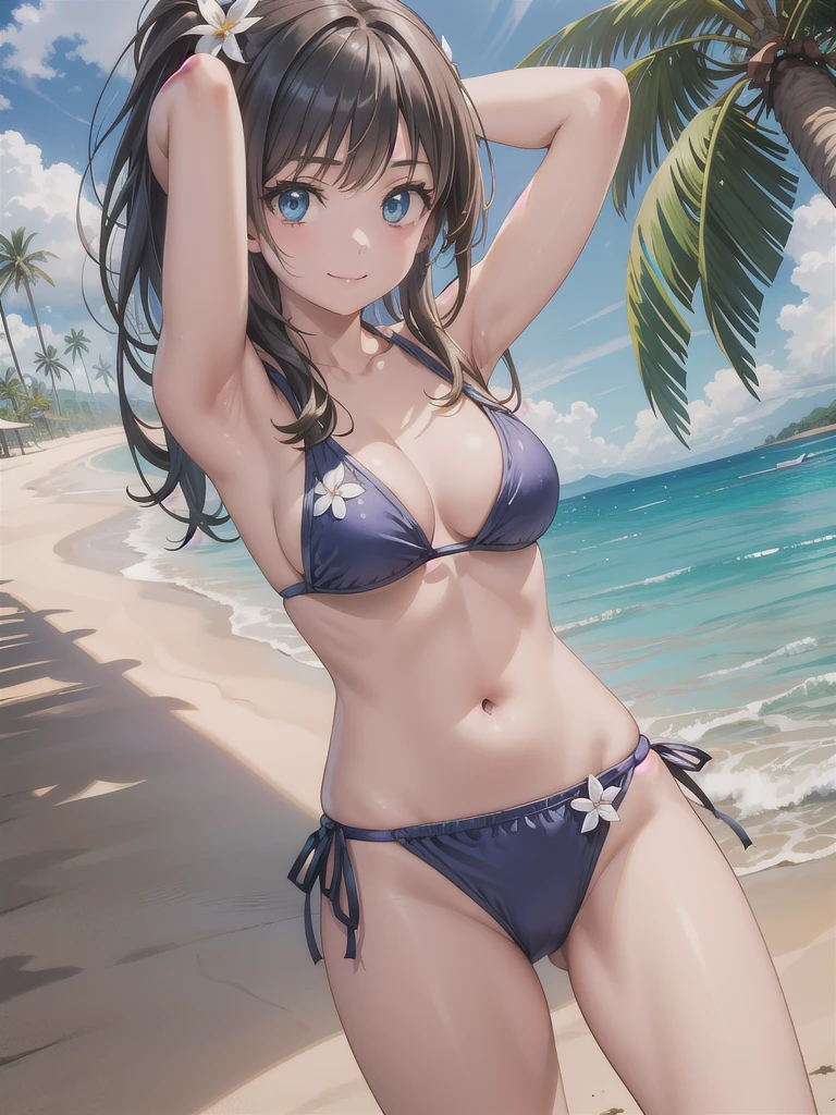 Okay, Saten Ruiko, Black Hair, blue eyes, Long Hair, ((hair ornaments)), Floral decoration, smile
((Sexy Swimwear:1.3)), 
((Beach, Palm tree:1.3)),  ((Arms above head:1.3) ,looking at viewer, (Cowboy Shot:1.5), ((Dutch Angle:1.3)), break (masterpiece:1.2), Highest quality, High resolution, unity 8k wallpaper, (figure:0.8), (Beautiful fine details:1.6), Highly detailed face, Perfect lighting, Highly detailed CG, (Perfect hands, Perfect Anatomy:.3),