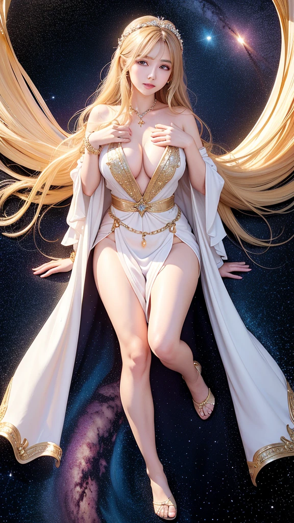 (masterpiece、Highest quality、High resolution、8K、16K)、((Alone  space、Beautiful Goddess、  the sky like a star))、((whole body))、Golden Cape、White long dress、No sleeve、Adorned with vibrant jewels、Gold Bracelet、Blonde middle、Beautiful brown eyes、A kind smile、Mouth closed、Elegant and detailed face、Graceful operation、Place one hand under your chest、Professional Lighting、Seductive pose,The chest is slightly visible,Large breasts sagging due to gravity,  Spread your legs,