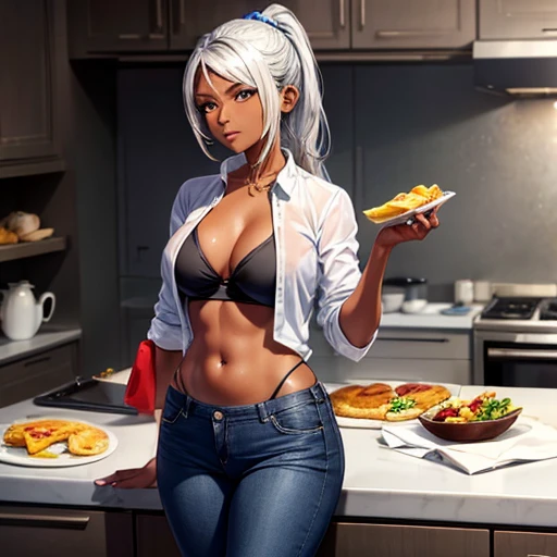A dark-skinned woman with silver hair in a ponytail is making an omelet rice., Wearing a black dress shirt and slim jeans,　　Showing your belly button