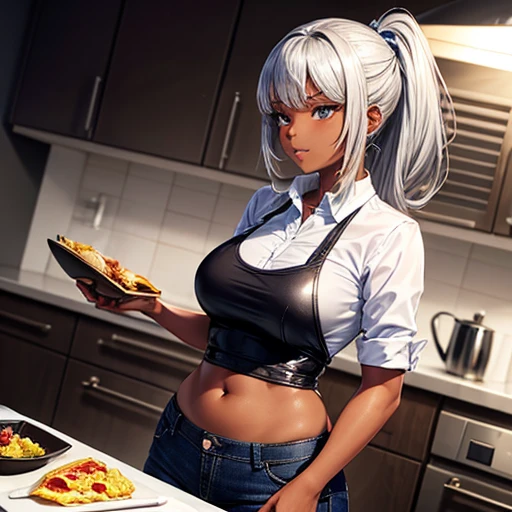 A dark-skinned woman with silver hair in a ponytail is making an omelet rice., Wearing a black dress shirt and slim jeans, Showing your belly button