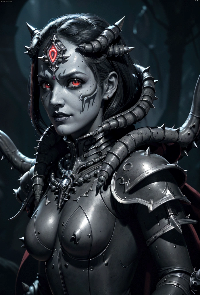 a gorgeous adepta sororitas from the movie tron, glowing skull armor, spikes, teeth, monster, dirty tentacles, pus pimples, cracked truenurgle, detailed face and eyes, beautiful lips, extremely detailed, 1girl, oil painting, concept art, dark fantasy, cinematic lighting, dramatic shadows, vibrant colors, moody atmosphere, hyper detailed, 8k, photorealistic
