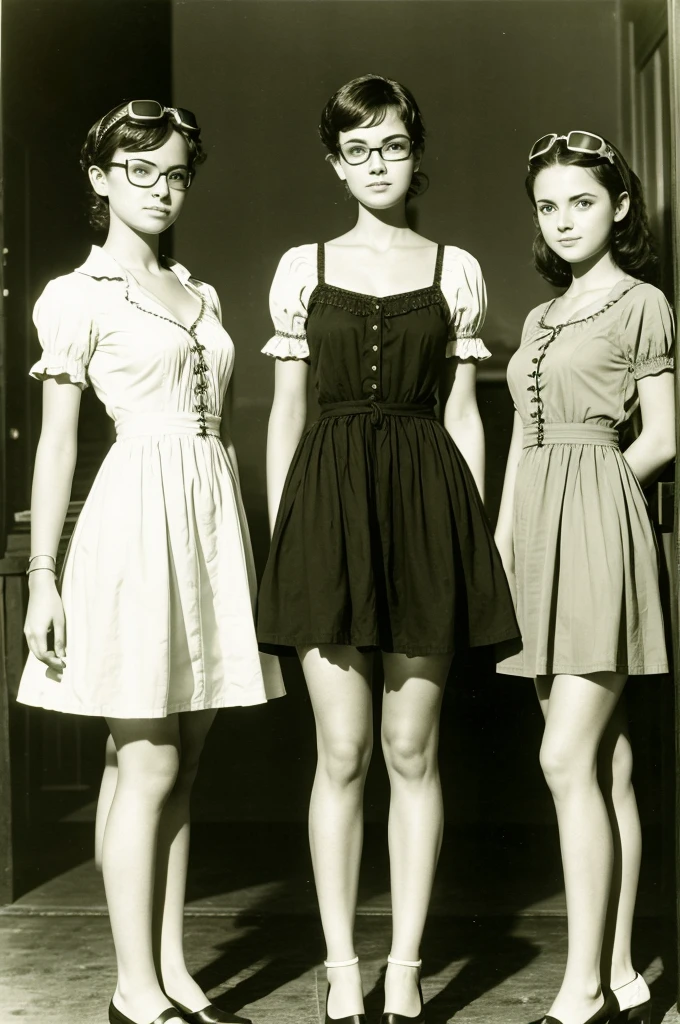 Three girls, one of whom was short and thin, the other a little fat and short and the third tall. Who stand with each other in style. TRIO is written at the top. And wearing a western dress and goggles.